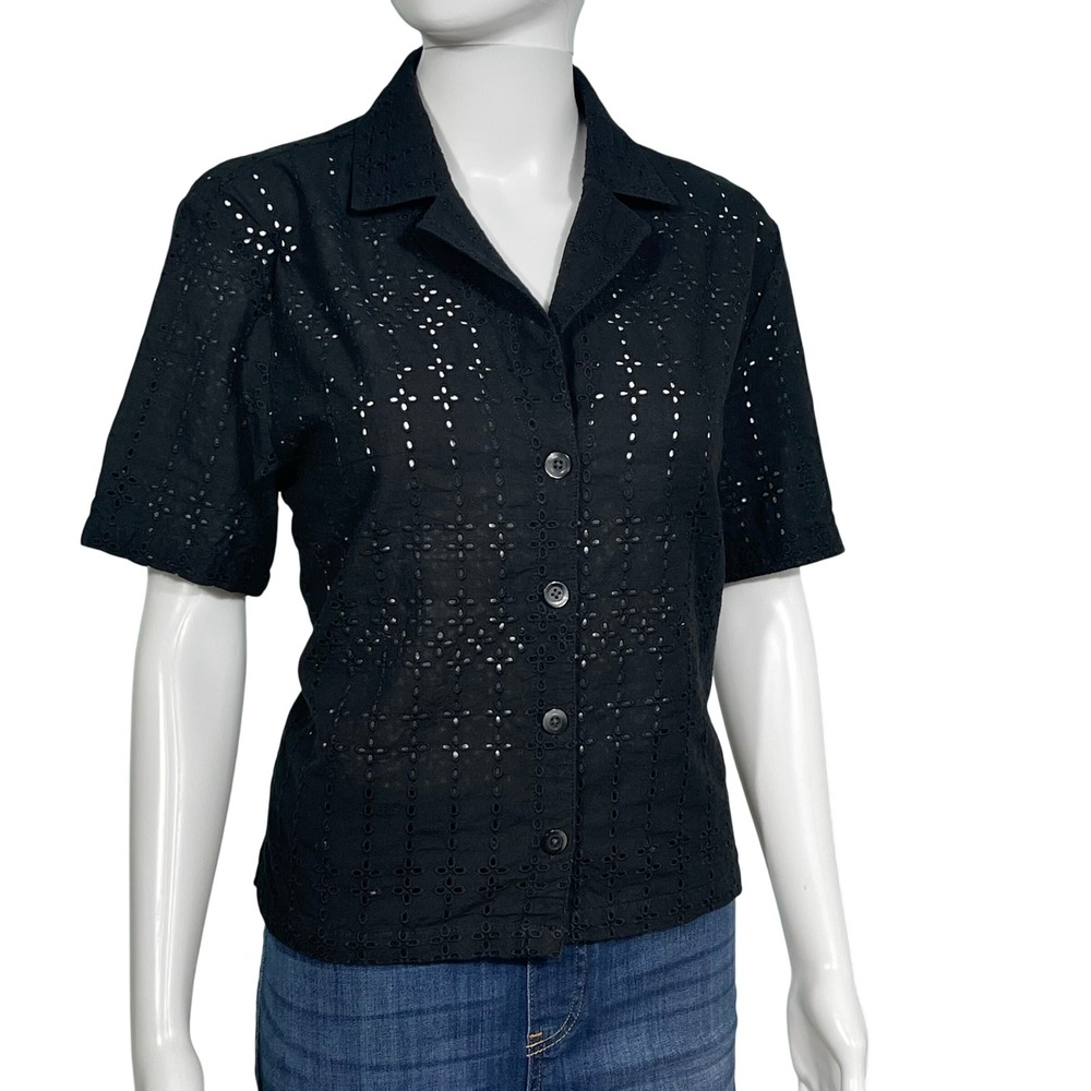 Onia Womens Black Eyelet Cotton Short Sleeve Button Down Camp Shirt Size M